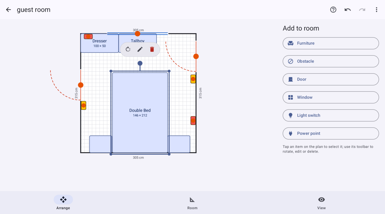 Arranging furniture: a selected double bed with rotate, edit and delete controls, next to a panel for adding furniture, doors, windows and power points