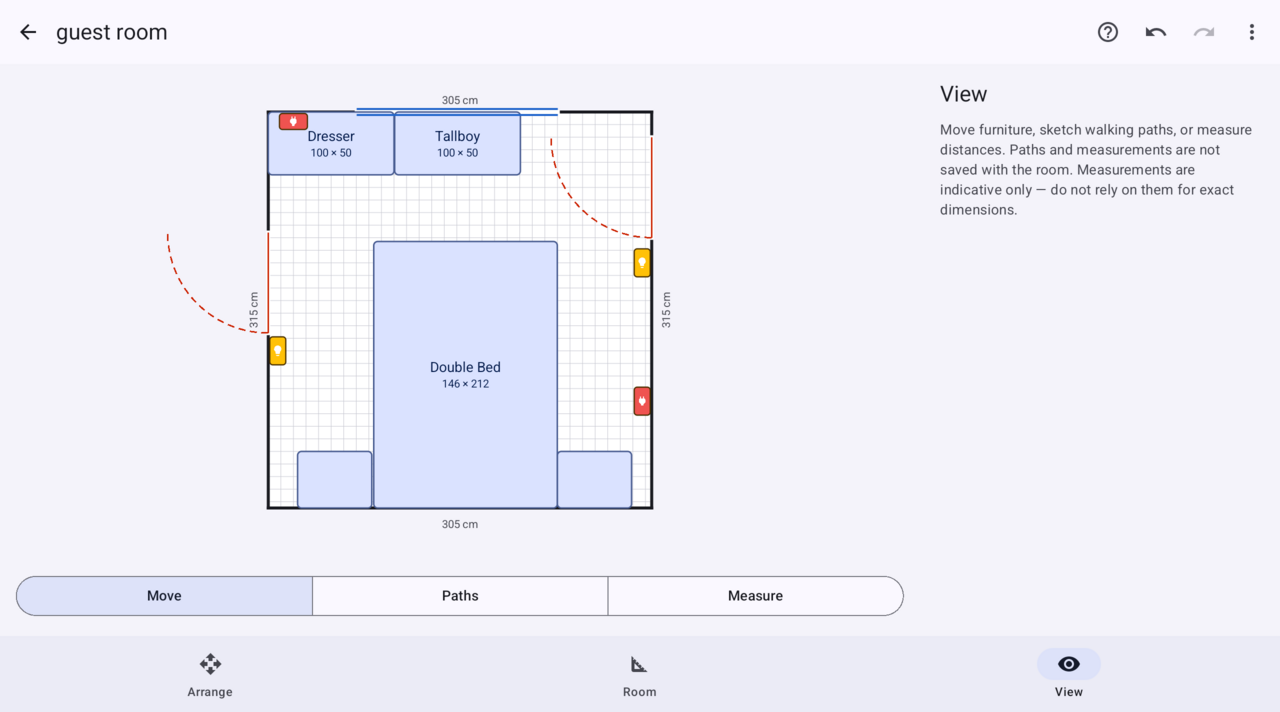 A guest room floor plan in RumiFit: a double bed, dresser and tallboy drawn to scale, with doors, windows, light switches and power points marked