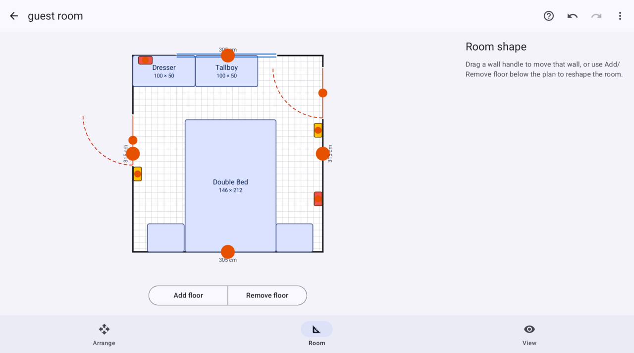 Room shape editing: draggable wall handles on the floor plan with Add floor and Remove floor controls